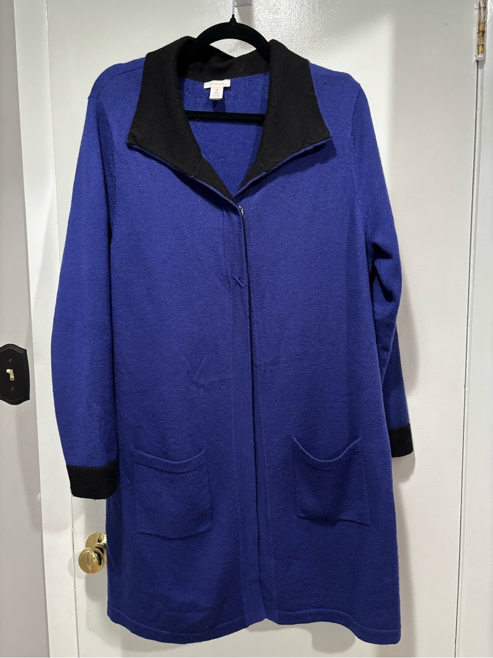 Chico's Royal Blue Sweater Jacket Black Collar and Trim Size 2